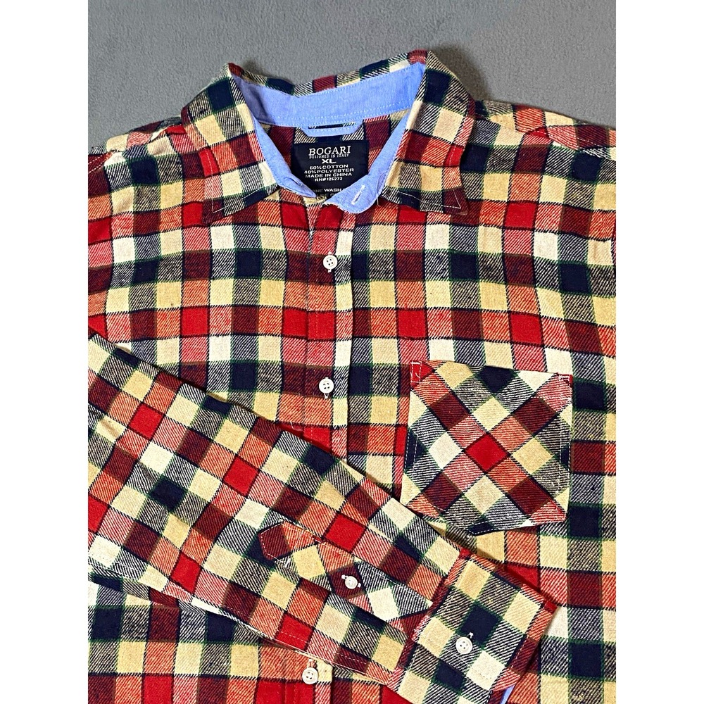 Bogari Men's L/ XL Long Sleeve Red Blue Plaid Flannel Shirt Cabincore Granola